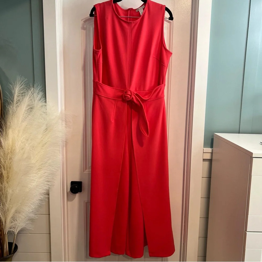 London Times Bright Rose Pink Sleeveless Belted Skirted‎ Jumpsuit. Size 14.